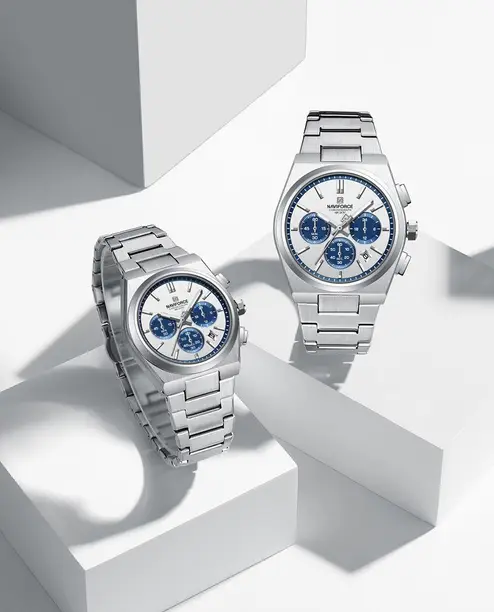 NAVIFORC Elegant Silver With Blue Chronograph Dial Stainless Steel Strap Analog Watch -