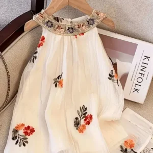 Girls Below Knee Party Dress (White, Sleeveless)