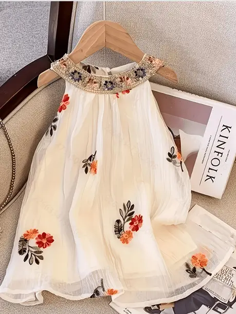Girls Below Knee Party Dress (White, Sleeveless)