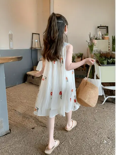 Girls Below Knee Party Dress (White, Sleeveless) - Image 4