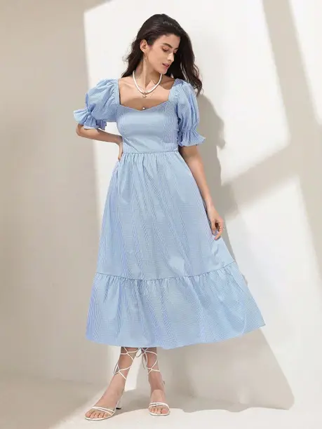 Women Fit and Flare Light Blue Full Length Dress - Image 2