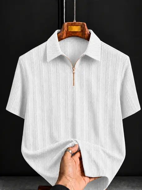 Men Self Design Zip Neck Polycotton White T-Shirt
