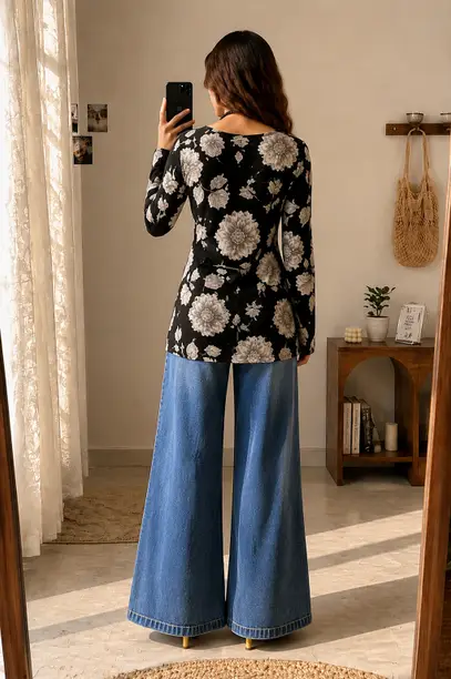 Floral Print Cotton Blend Straight Short Kurta for Women (Black) - Image 2