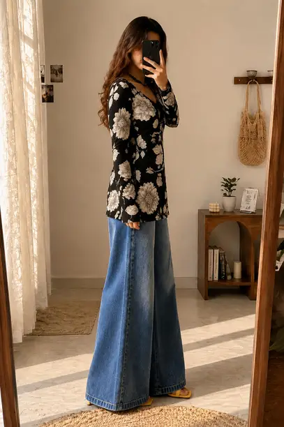 Floral Print Cotton Blend Straight Short Kurta for Women (Black) - Image 3