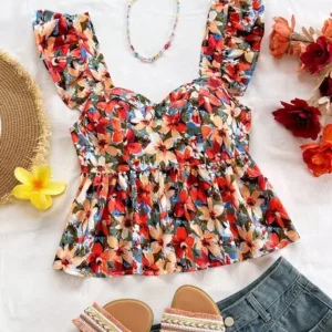 Casual Puff Sleeves Floral Print Women Multicolor Top