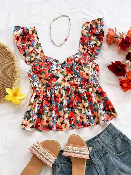Casual Puff Sleeves Floral Print Women Multicolor Top
