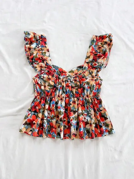 Casual Puff Sleeves Floral Print Women Multicolor Top - Image 3