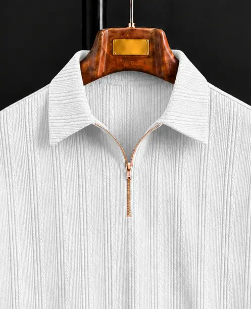 Men Self Design Zip Neck Polycotton White T-Shirt - Image 3